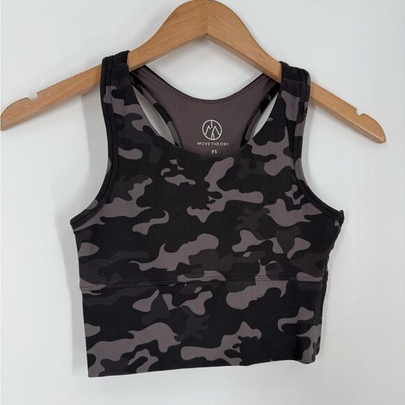 Move Theory Ribbed Racerback Sports Bra / Crop Top in Black Gray Camoflauge | XS - Picture 1 of 4
